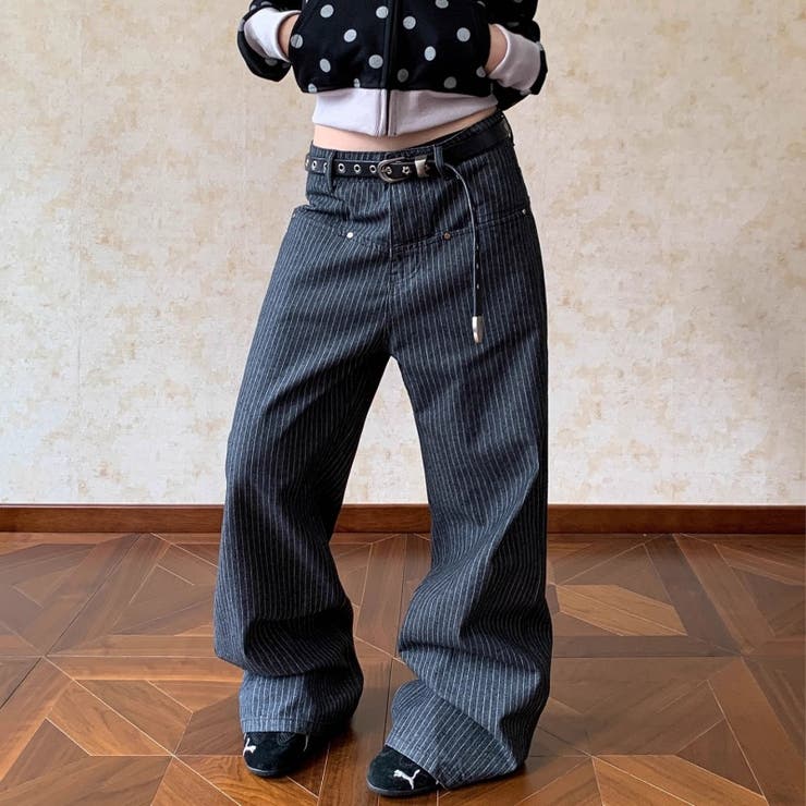 【秋】ストライプデニムパンツ 男女兼用 ハイウエスト ストレート | 17kg | 詳細画像3 