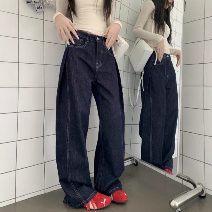 【秋】ダークブルーワイドデニムパンツ レディース ハイウエスト ロング丈 | 17kg | 詳細画像1 