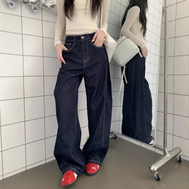 【秋】ダークブルーワイドデニムパンツ レディース ハイウエスト ロング丈 | 17kg | 詳細画像2 