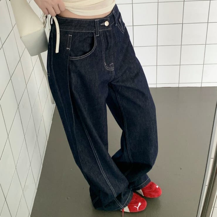 【秋】ダークブルーワイドデニムパンツ レディース ハイウエスト ロング丈 | 17kg | 詳細画像4 