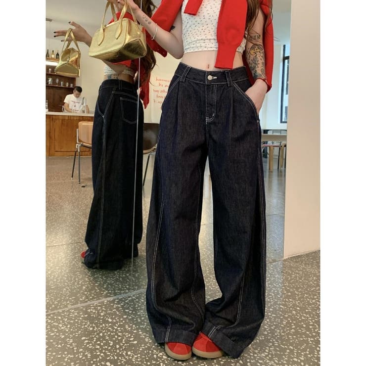 【秋】ダークブルーワイドデニムパンツ レディース ハイウエスト ロング丈 | 17kg | 詳細画像5 
