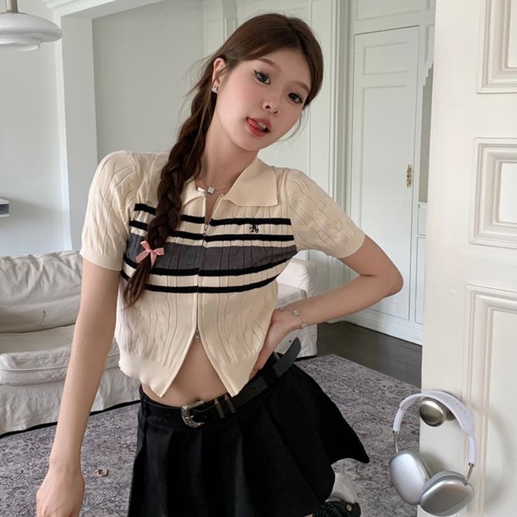 韓国ファッション両端前開きポロカラーサマーニットTシャツ[品番 韓国ファッション両端前開きポロカラーサマーニットTシャツ[品番