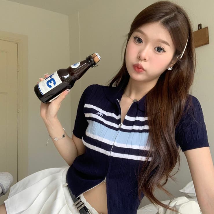 韓国ファッション両端前開きポロカラーサマーニットTシャツ[品番