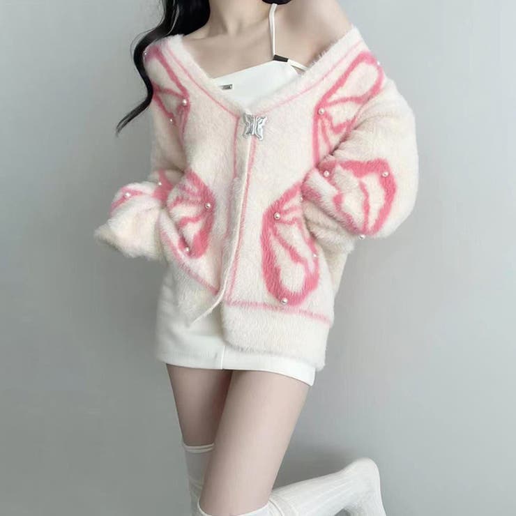 ❤️サエラ❤️ピアリマーマ❤️可愛い❤️お花モチーフ付き❤️ロングカーディガン SHOPLIST限定】甘いふわふわVネック蝶＆パールゆったり