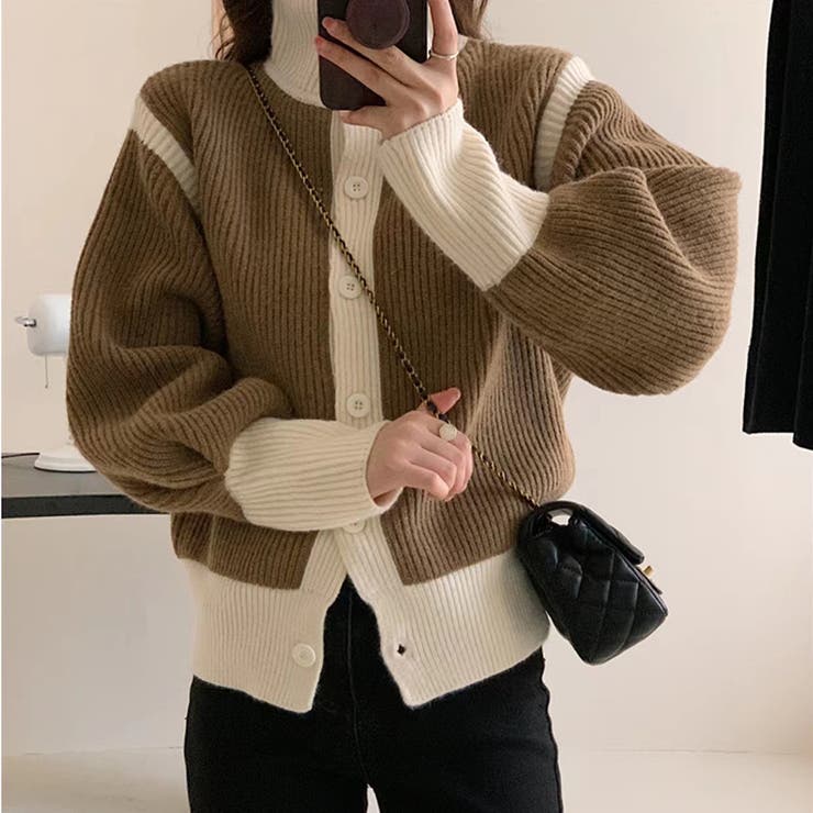 【SHOPLIST限定】柔らかいバイカラータートルネックカーディガン | 17kg | 詳細画像2 