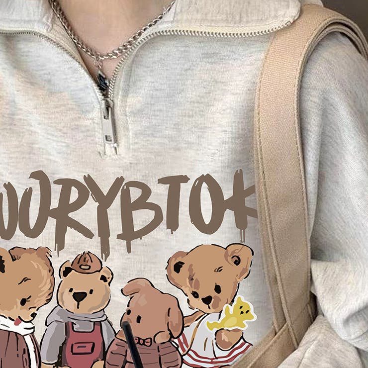 韓国風カートゥーンクマ＆英字プリントポロカラートレーナー[品番  