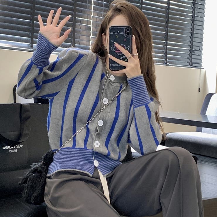 SHOPLIST限定】個性的ショート丈ストライプニットカーディガン