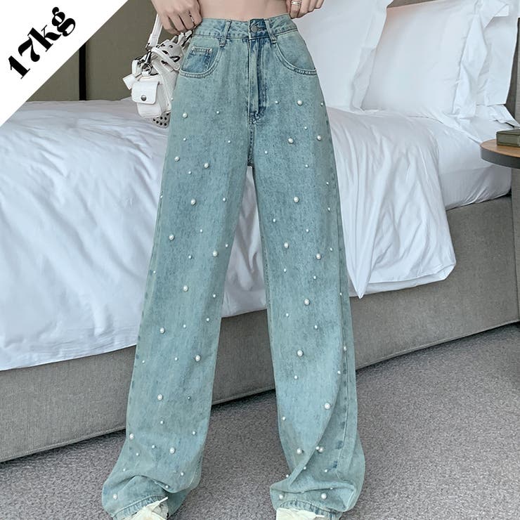 パール付きデザイン感のあるハイウエストでスリムなストレートレッグのデニムパンツ | 17kg | 詳細画像1 
