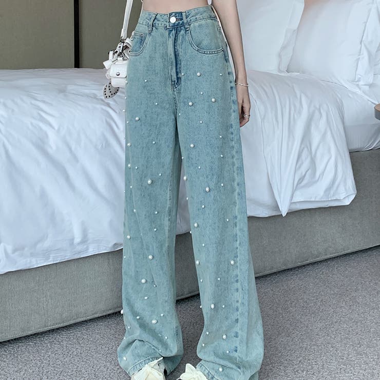 パール付きデザイン感のあるハイウエストでスリムなストレートレッグのデニムパンツ | 17kg | 詳細画像3 
