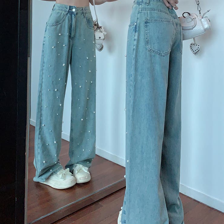 パール付きデザイン感のあるハイウエストでスリムなストレートレッグのデニムパンツ | 17kg | 詳細画像5 