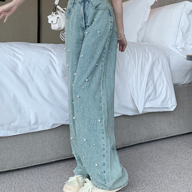 パール付きデザイン感のあるハイウエストでスリムなストレートレッグのデニムパンツ | 17kg | 詳細画像7 
