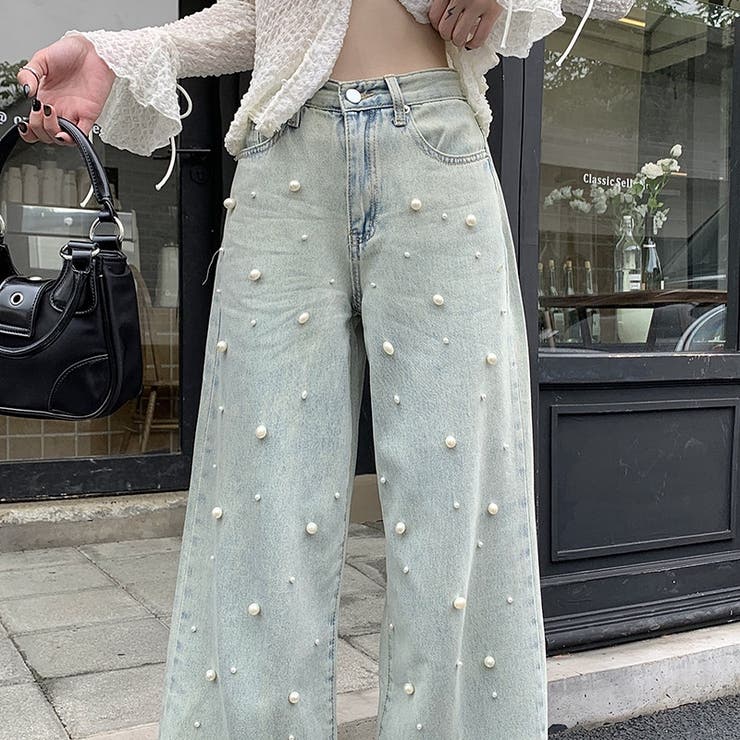 パール付きルーズストレートハイウエストパンツ レディース パール付きデザイン感のあるハイウエストでスリムなストレート