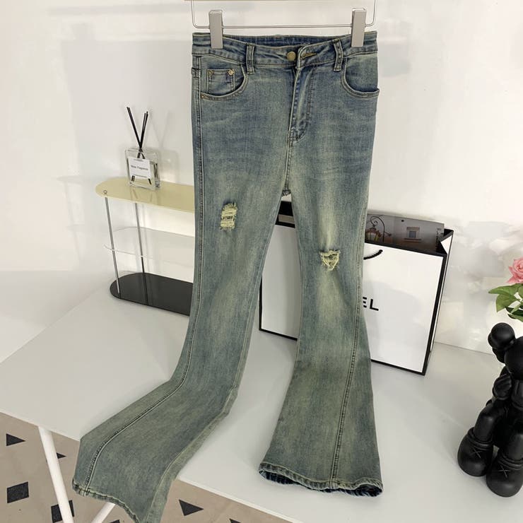 SHOPLIST限定】レトロ風ハイウェストフレアパンツデニムパンツ