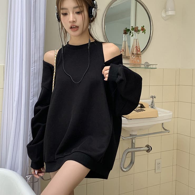 韓国ファッションオフショルダースウェットスリムでレイジースタイル 