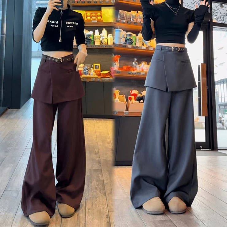 SHOPLIST限定】フェイク2点スリムフィットロングカジュアルパンツ[品番 