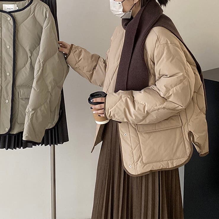 ブラウン | 韓国ファッション オフィスバイカラー切替ノーカラー ダイヤ柄コート | 17kg