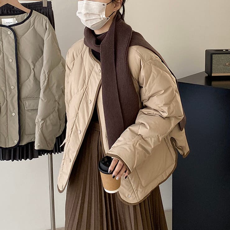韓国ファッション オフィスバイカラー切替ノーカラー ダイヤ柄コート | 17kg | 詳細画像4 