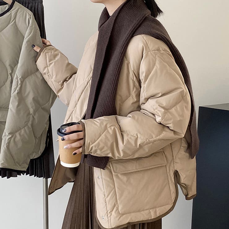 韓国ファッション オフィスバイカラー切替ノーカラー ダイヤ柄コート | 17kg | 詳細画像5 