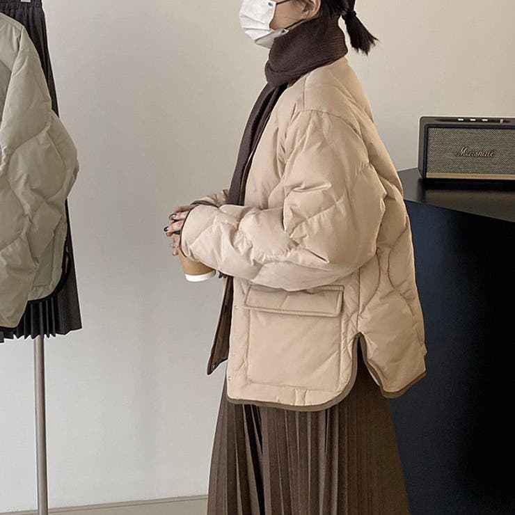 韓国ファッション オフィスバイカラー切替ノーカラー ダイヤ柄コート | 17kg | 詳細画像6 