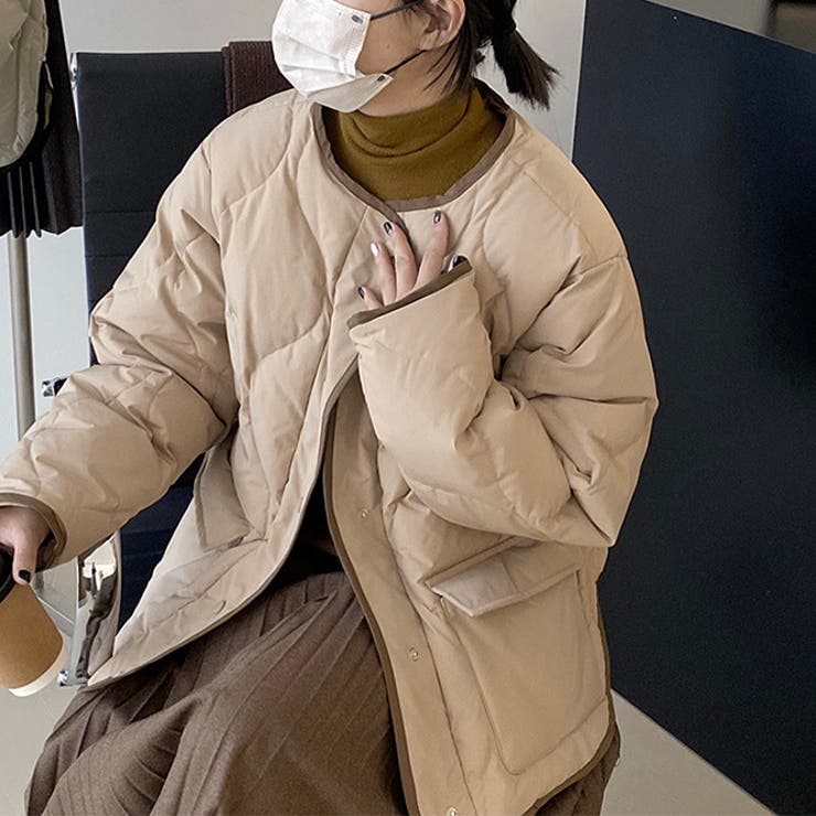 韓国ファッション オフィスバイカラー切替ノーカラー ダイヤ柄コート | 17kg | 詳細画像7 