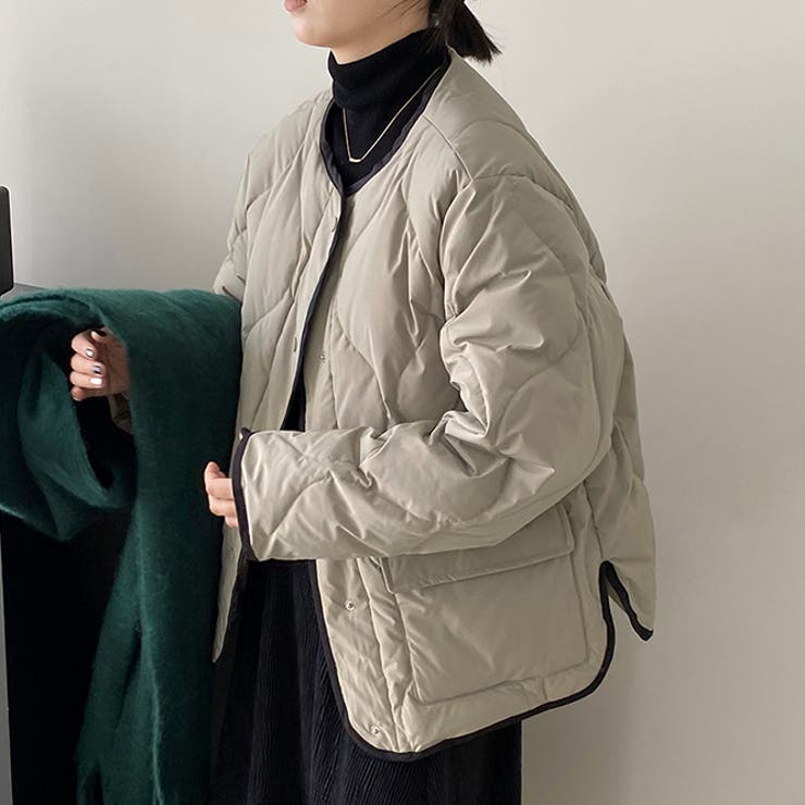 韓国ファッション オフィスバイカラー切替ノーカラー ダイヤ柄コート | 17kg | 詳細画像9 