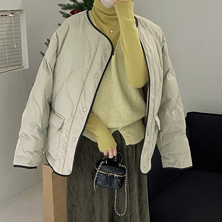 韓国ファッション オフィスバイカラー切替ノーカラー ダイヤ柄コート | 17kg | 詳細画像17 