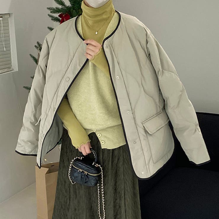 韓国ファッション オフィスバイカラー切替ノーカラー ダイヤ柄コート | 17kg | 詳細画像18 