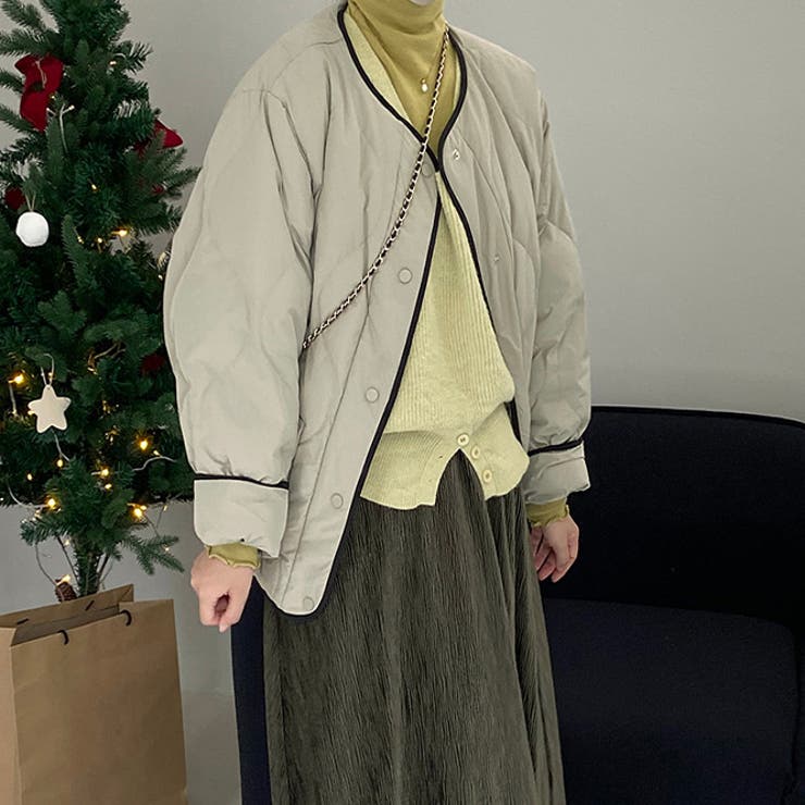 韓国ファッション オフィスバイカラー切替ノーカラー ダイヤ柄コート | 17kg | 詳細画像19 