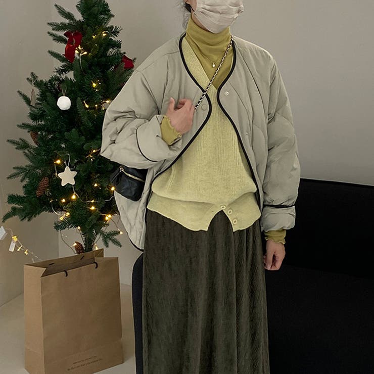 韓国ファッション オフィスバイカラー切替ノーカラー ダイヤ柄コート | 17kg | 詳細画像21 