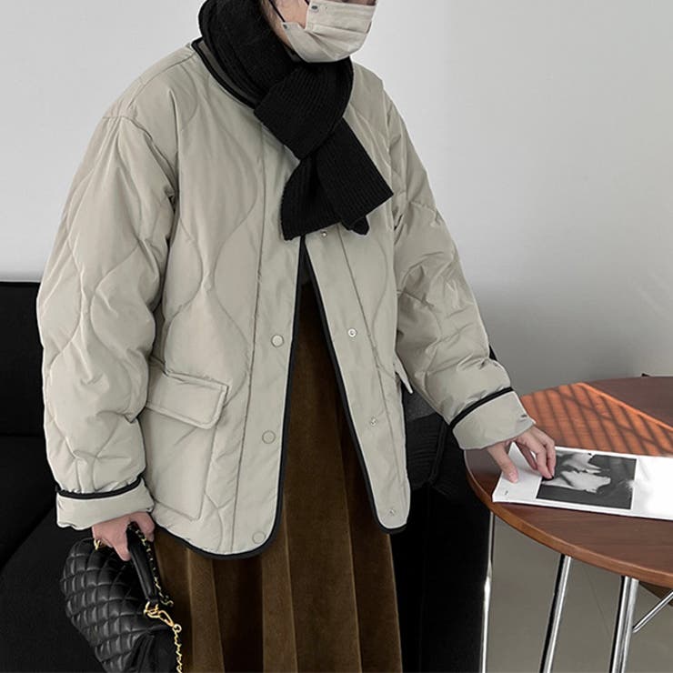 韓国ファッション オフィスバイカラー切替ノーカラー ダイヤ柄コート | 17kg | 詳細画像29 