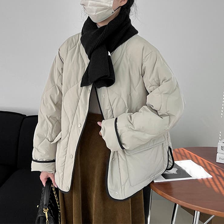 韓国ファッション オフィスバイカラー切替ノーカラー ダイヤ柄コート | 17kg | 詳細画像31 
