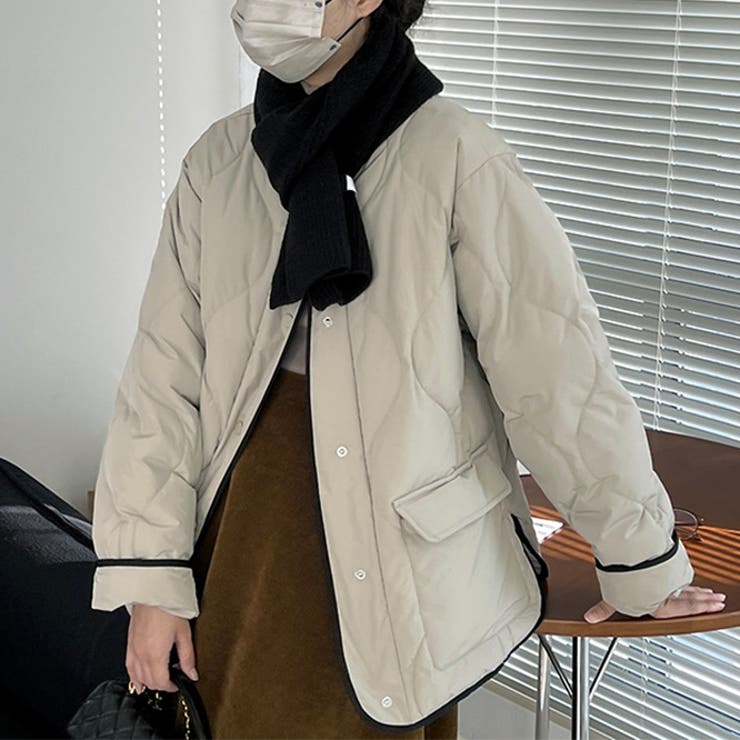 韓国ファッション オフィスバイカラー切替ノーカラー ダイヤ柄コート | 17kg | 詳細画像32 