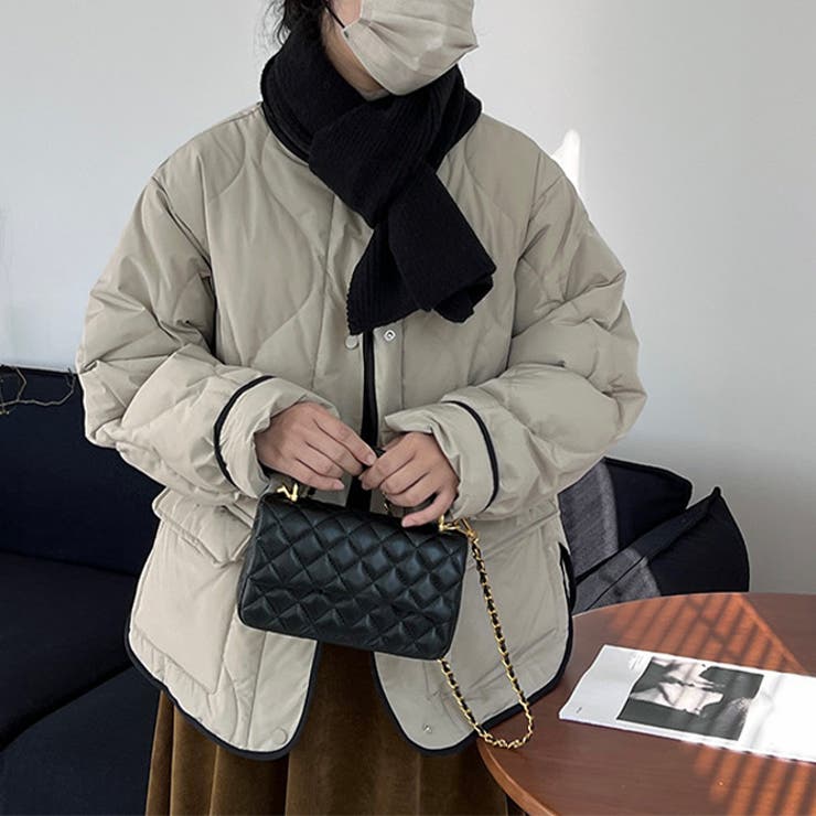 韓国ファッション オフィスバイカラー切替ノーカラー ダイヤ柄コート | 17kg | 詳細画像33 