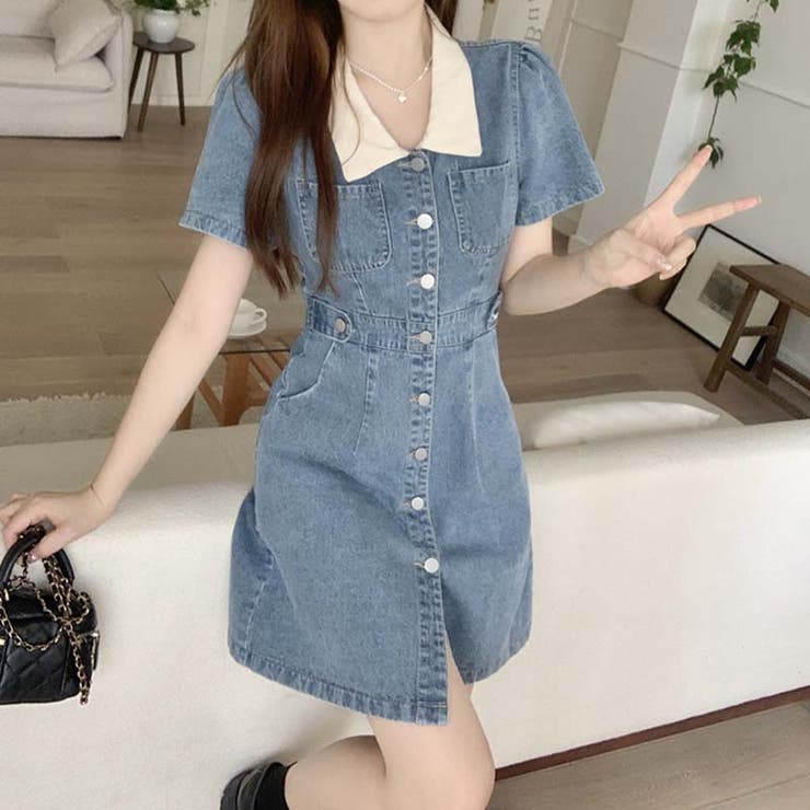 韓国ファッションの夏定番。ボタン留めとポロ襟のデニム