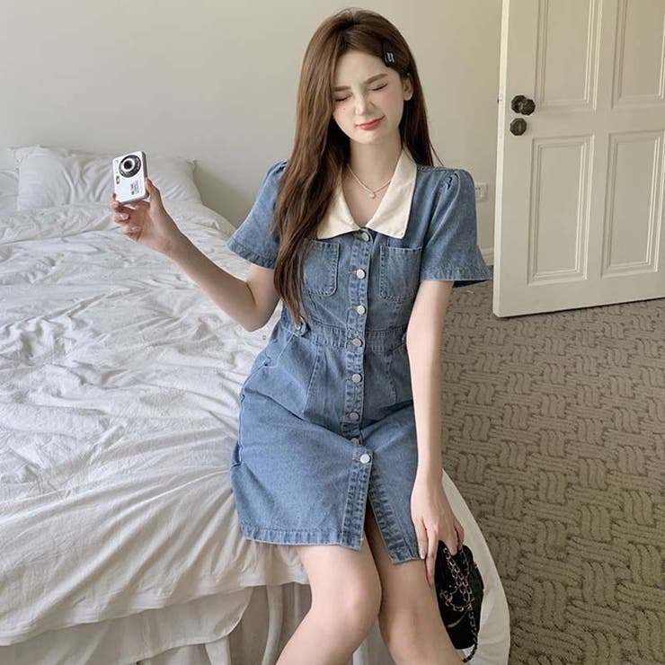 【韓国ブランド】ハーフショルダーネクタイロングワンピースN471 韓国ファッションの夏定番。ボタン留めとポロ襟のデニム