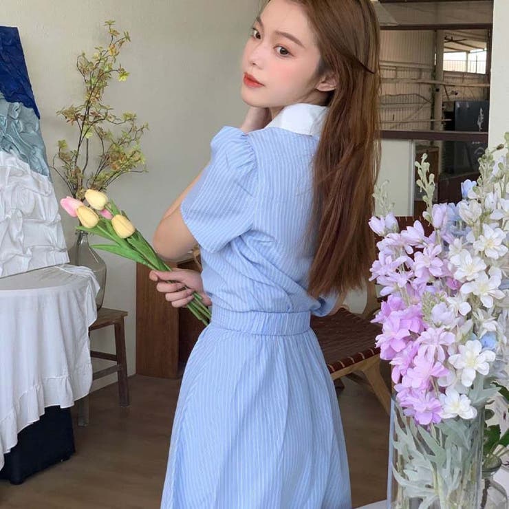 韓国ファッションの甘美な。ドール襟シャツ+ハーフスカートの2点セット 