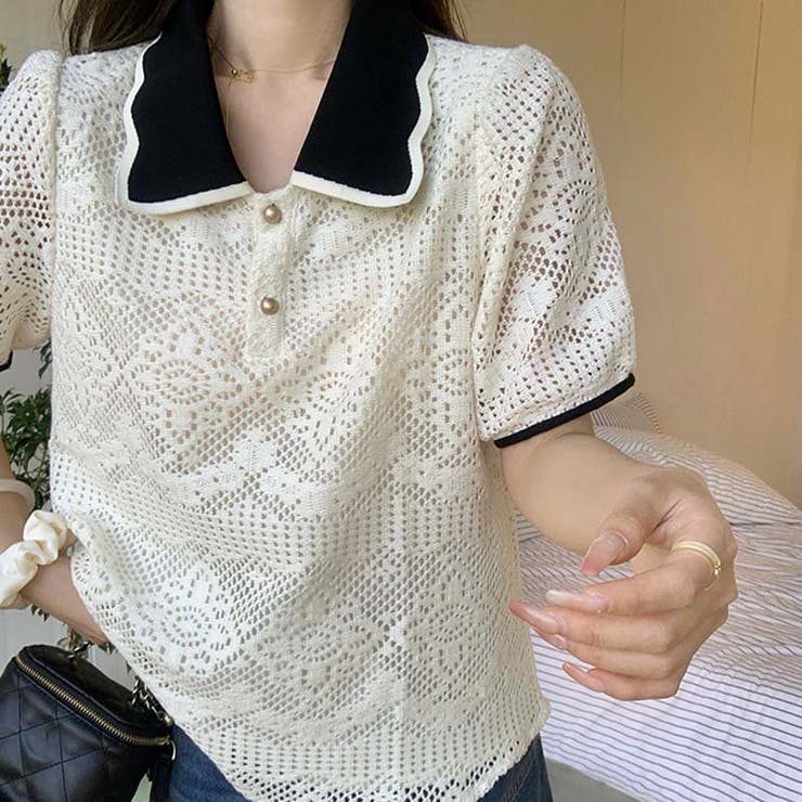 SHOPLIST限定】黒と白のコントラスト!夏のレースポロ襟短袖トップス 