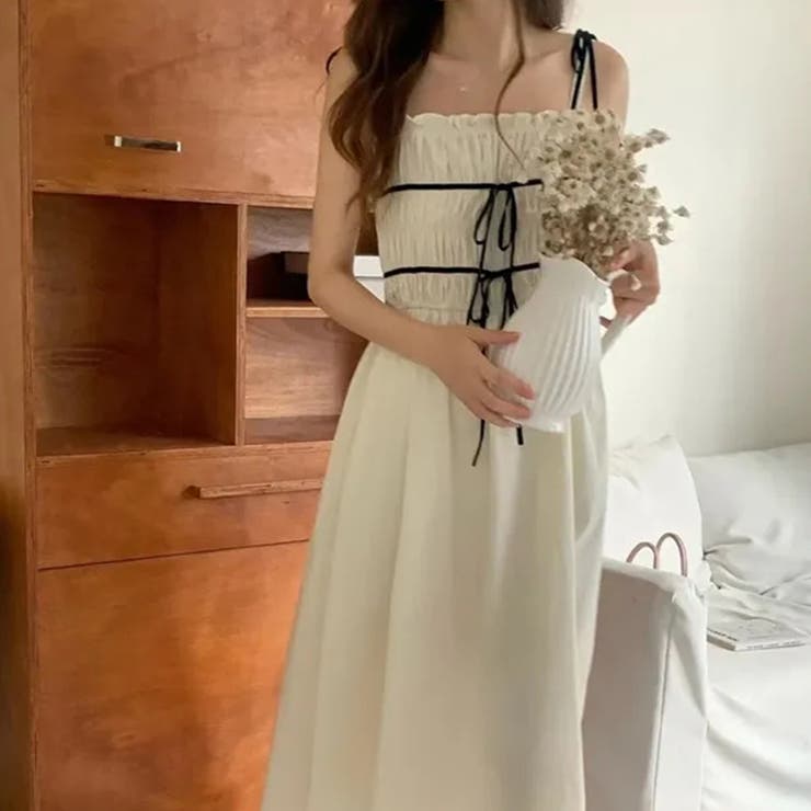 甘くて若々しい印象をボウタイのカラーパターンノースリープのストラップワンピース | 17kg | 詳細画像1 