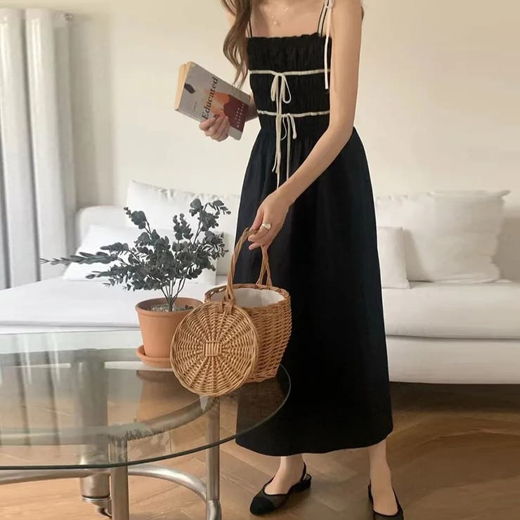 甘くて若々しい印象をボウタイのカラーパターンノースリープのストラップワンピース | 17kg | 詳細画像2 