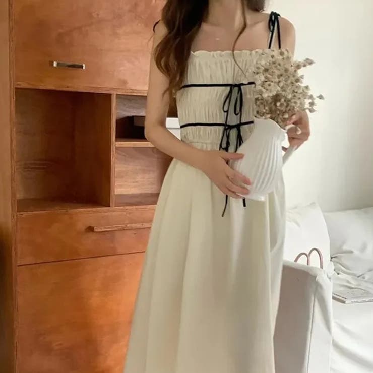 甘くて若々しい印象をボウタイのカラーパターンノースリープのストラップワンピース | 17kg | 詳細画像4 