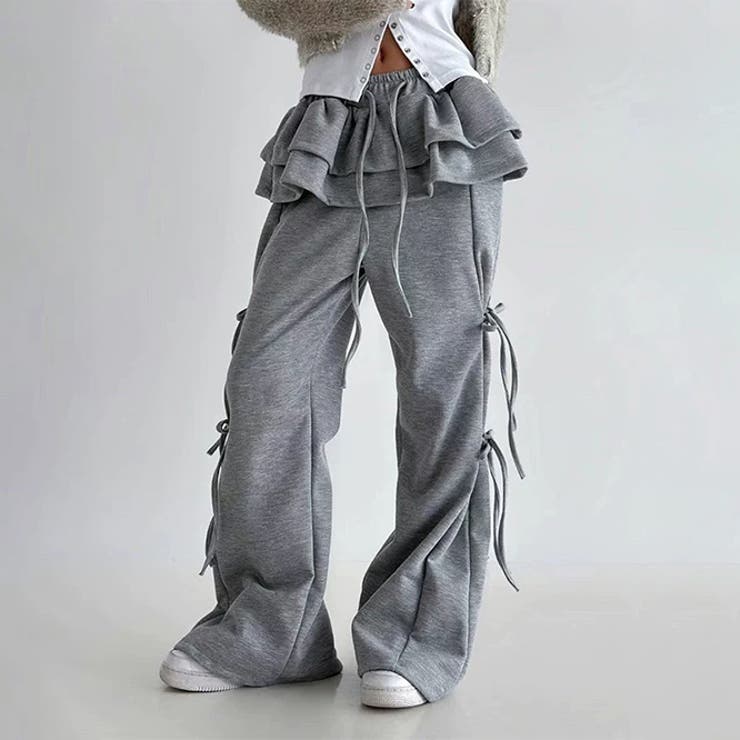 レースフリル裾＆タイアップデザイン!ストレッチ素材のゆったりワイドパンツ | 17kg | 詳細画像2 