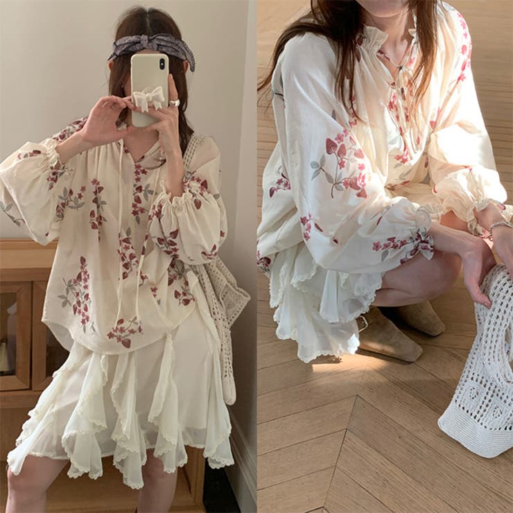 セットアップ 2点セット シフォンブラウス 花柄スカート A