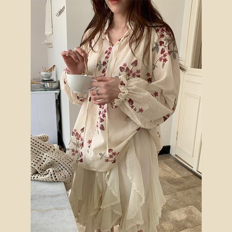 フリル付き花柄ルーズブラウスシャツ＋フリル不規則デザインスカート 2点セット | 17kg | 詳細画像2 