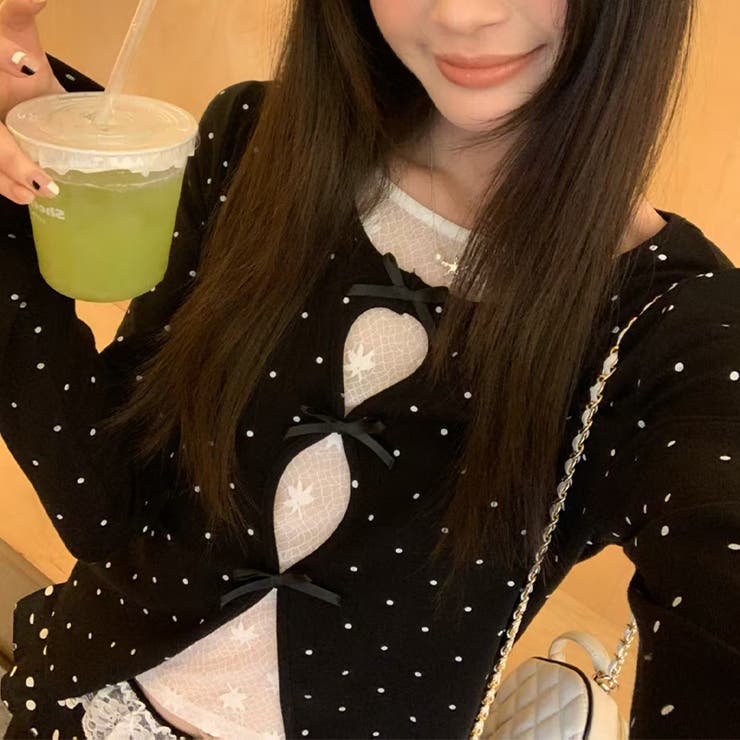 ブラックドット柄 | 甘辛系ガールズ☆【春】フェイクレイヤード レースインナー 長袖Tシャツ | 17kg