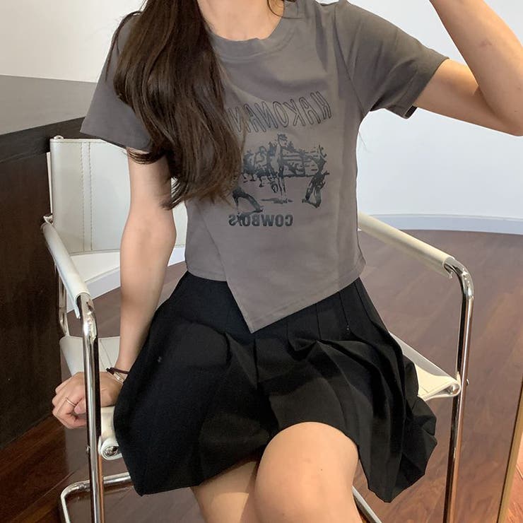 グレー | 甘辛系ガールズ☆【春】アシンメトリーTシャツショート丈 トップス | 17kg