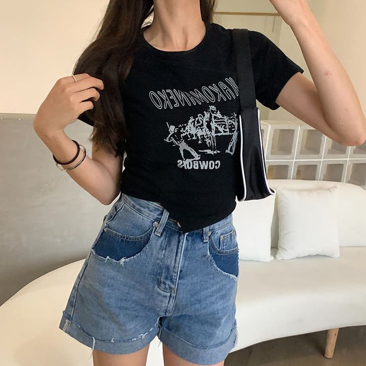 ブラック | 甘辛系ガールズ☆【春】アシンメトリーTシャツショート丈 トップス | 17kg
