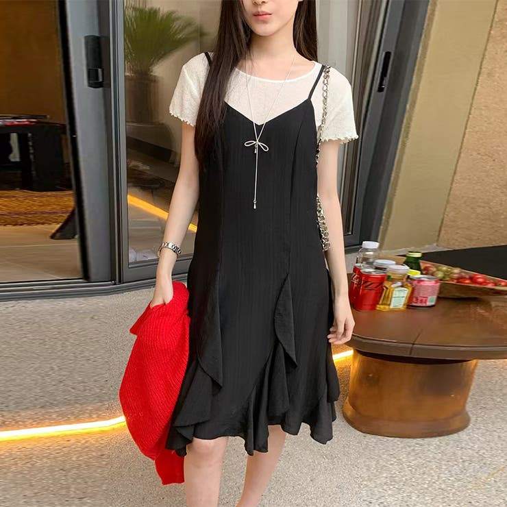 ブラック | シンプルかつエレガントな【春】不規則レイヤード キャミソールワンピースロングワン… | 17kg