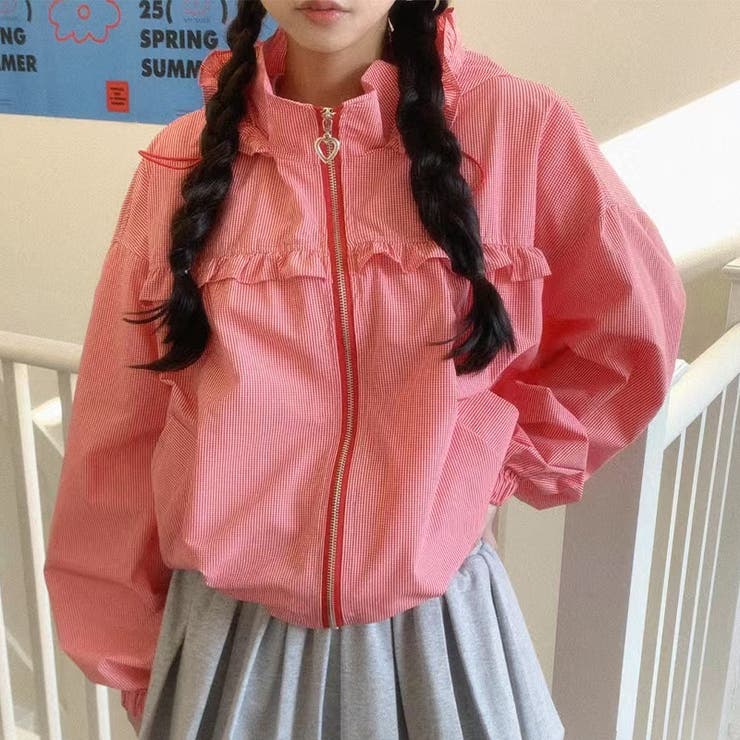 レッド | チェック柄フード付きライトアウター UV対策 若見えジャケット【春】ゆるカワコー… | 17kg