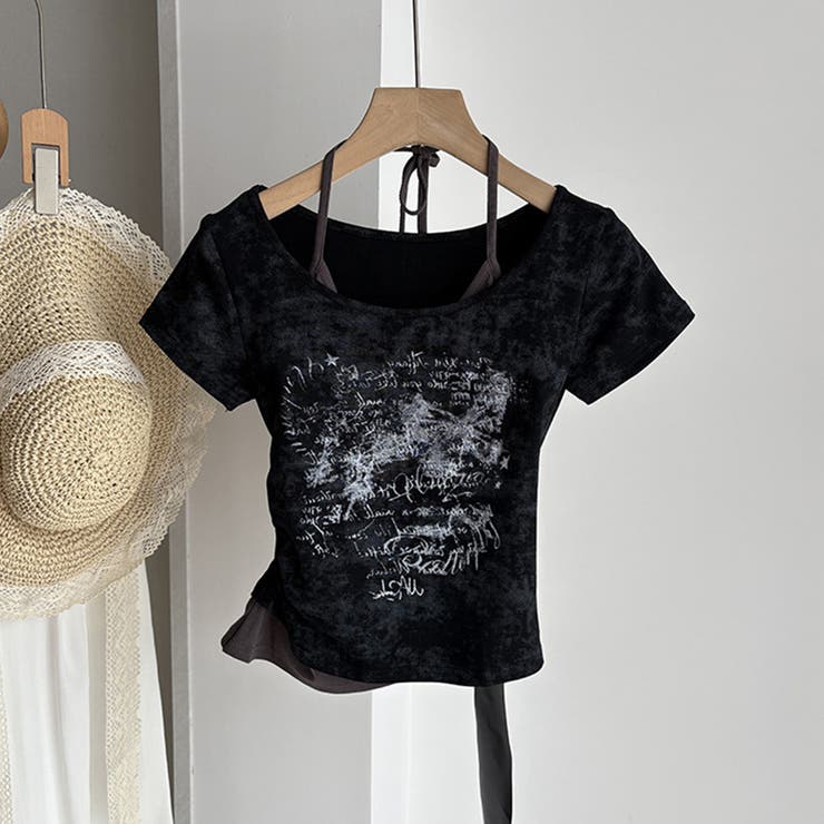 ブラック | 配色 フェイクレイヤード 半袖Tシャツ甘辛系ガールズ☆ | 17kg
