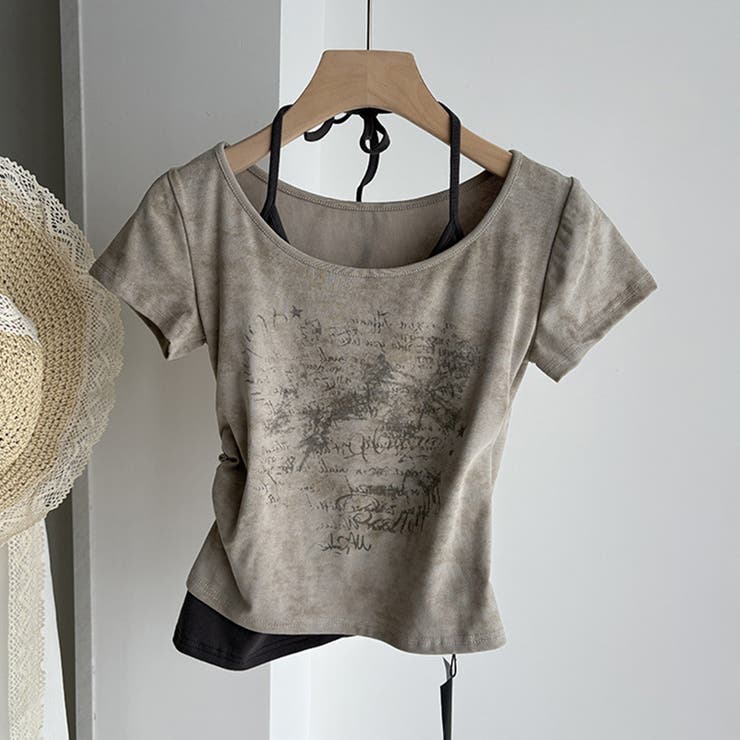 ベージュ | 配色 フェイクレイヤード 半袖Tシャツ甘辛系ガールズ☆ | 17kg